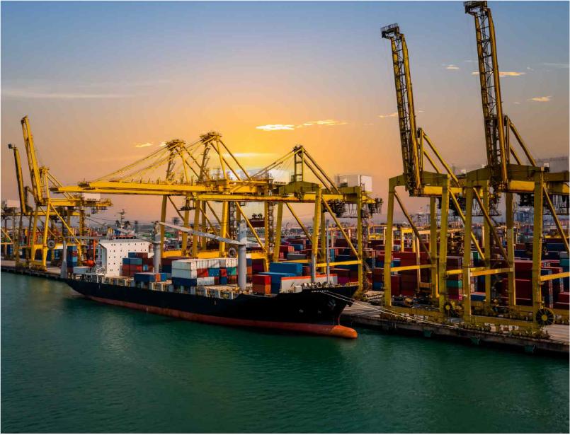 Air, sea, and ground freight operations at an international logistics hub